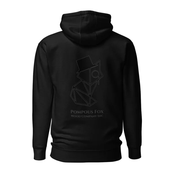 A black hoodie with a Pompous Fox brand graphic