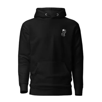 A black hoodie with a Pompous Fox brand graphic