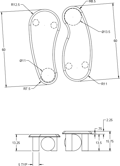 Technical drawing showing top, front, and side views of a modern luxury coffee table with various dimensions annotated.