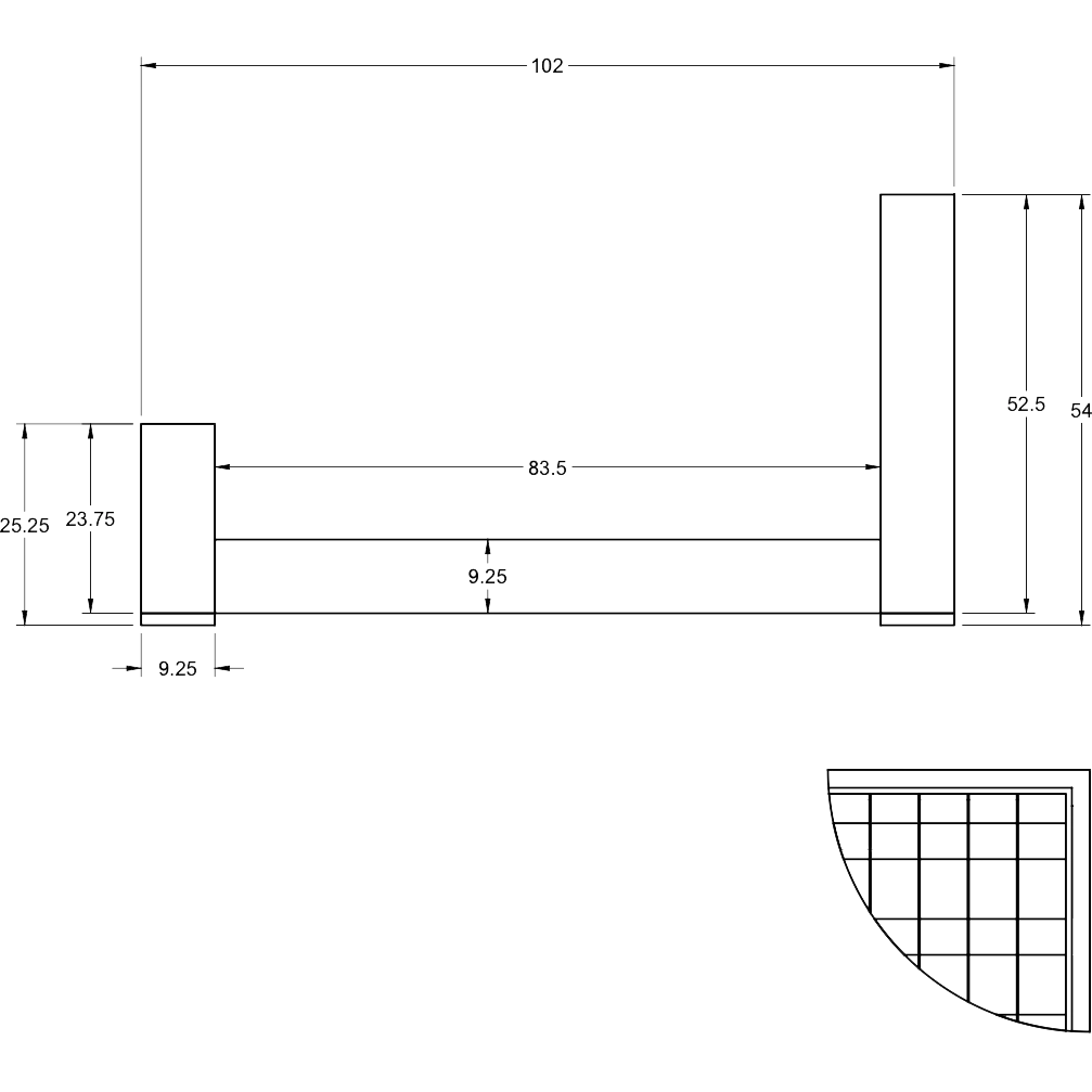 Technical diagram of a three-panel sliding glass door with measurements, featuring the elegance akin to a luxury walnut king size bed, and a detail view of the top right corner.