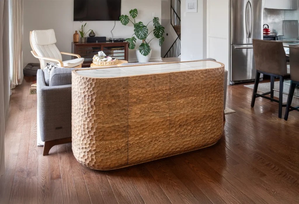 Handcrafted solid wood whisky credenza with stone top in interior