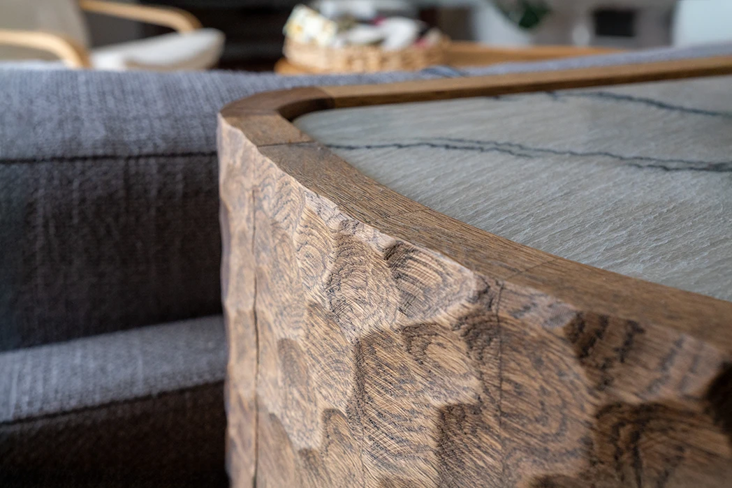 Detail on the solid wood x stone top Whisky Credenza