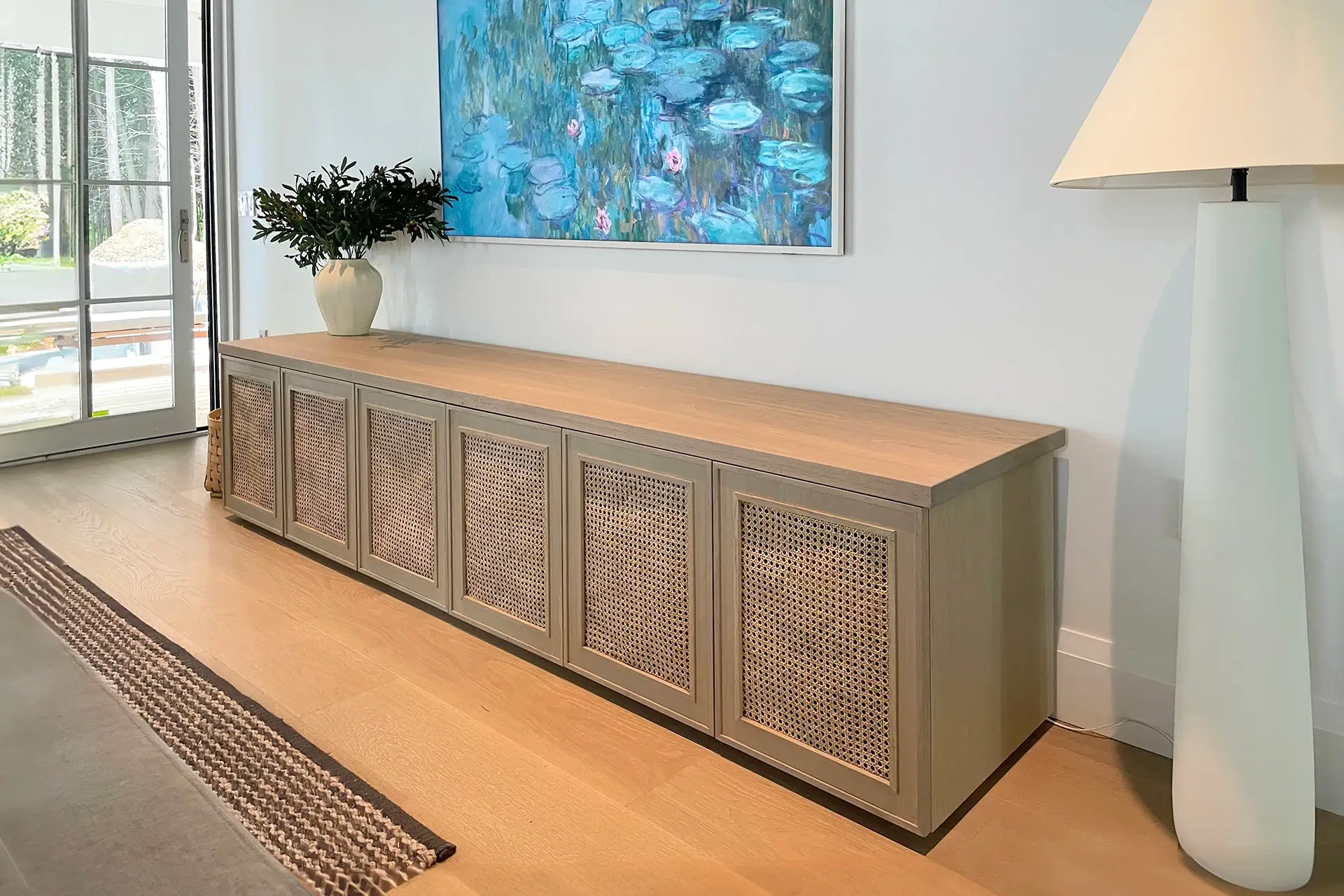 A wooden cabinet in bright interior