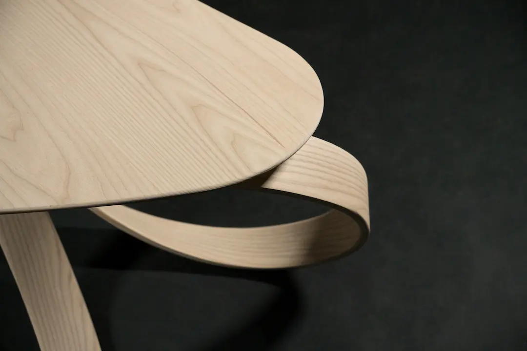 Detail on the tabletop of the bent wood coffee table