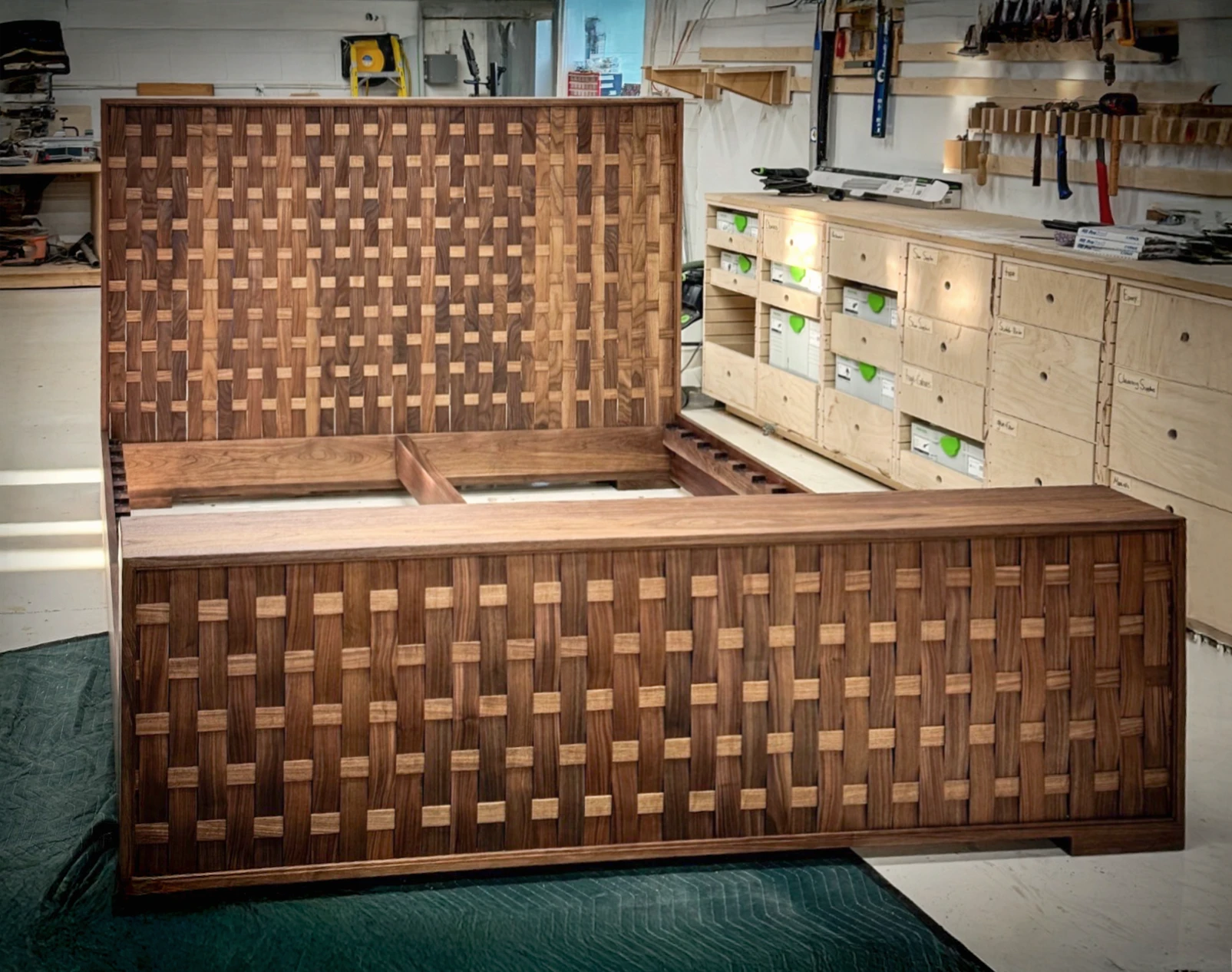 Walnut Woven Bed Frame assembly in the shop